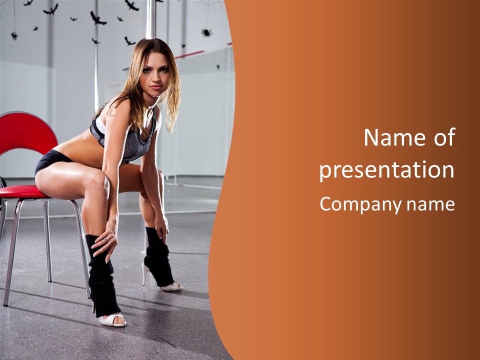 A Beautiful Woman In A Short Skirt Sitting On A Chair PowerPoint Template