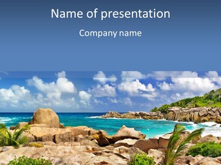 A Rocky Beach With Blue Water And White Clouds PowerPoint Template