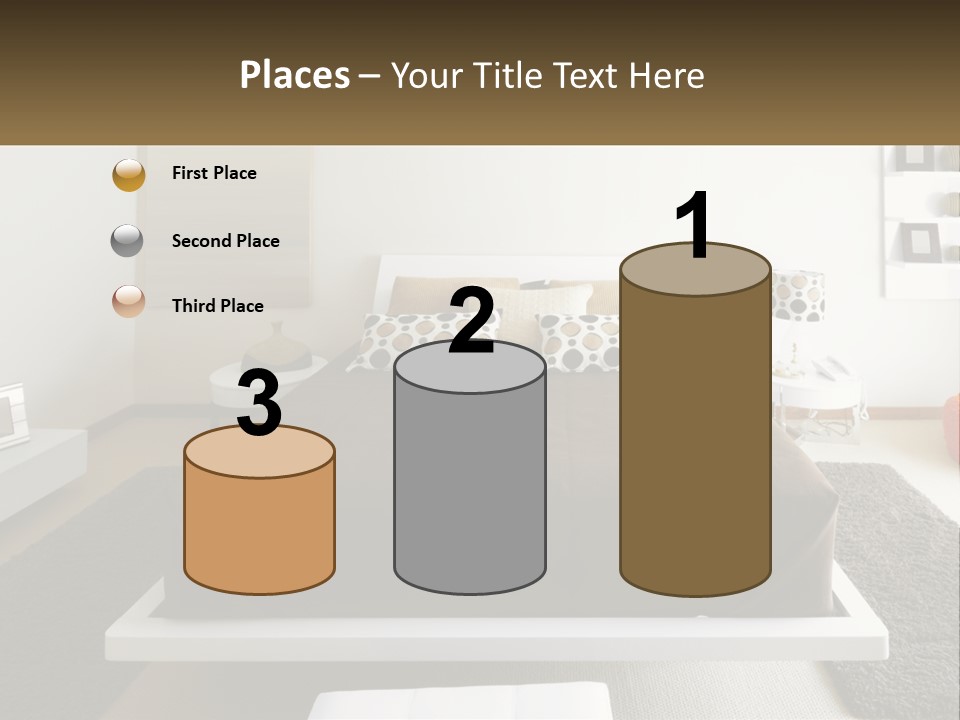 A Bedroom With A Large Bed And A Brown Blanket PowerPoint Template