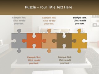 A Bedroom With A Large Bed And A Brown Blanket PowerPoint Template