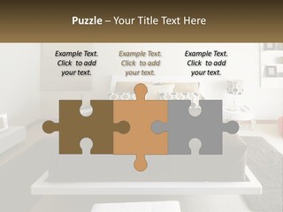 A Bedroom With A Large Bed And A Brown Blanket PowerPoint Template