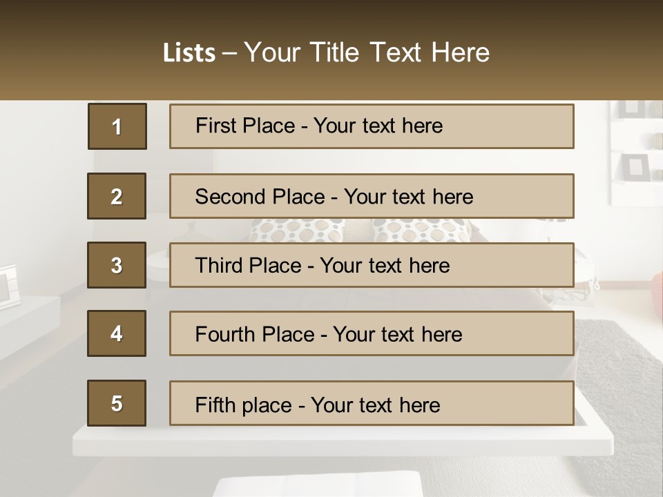 A Bedroom With A Large Bed And A Brown Blanket PowerPoint Template