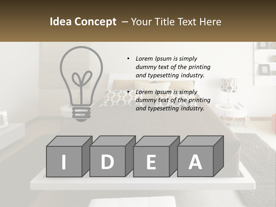 A Bedroom With A Large Bed And A Brown Blanket PowerPoint Template