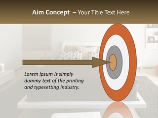 A Bedroom With A Large Bed And A Brown Blanket PowerPoint Template
