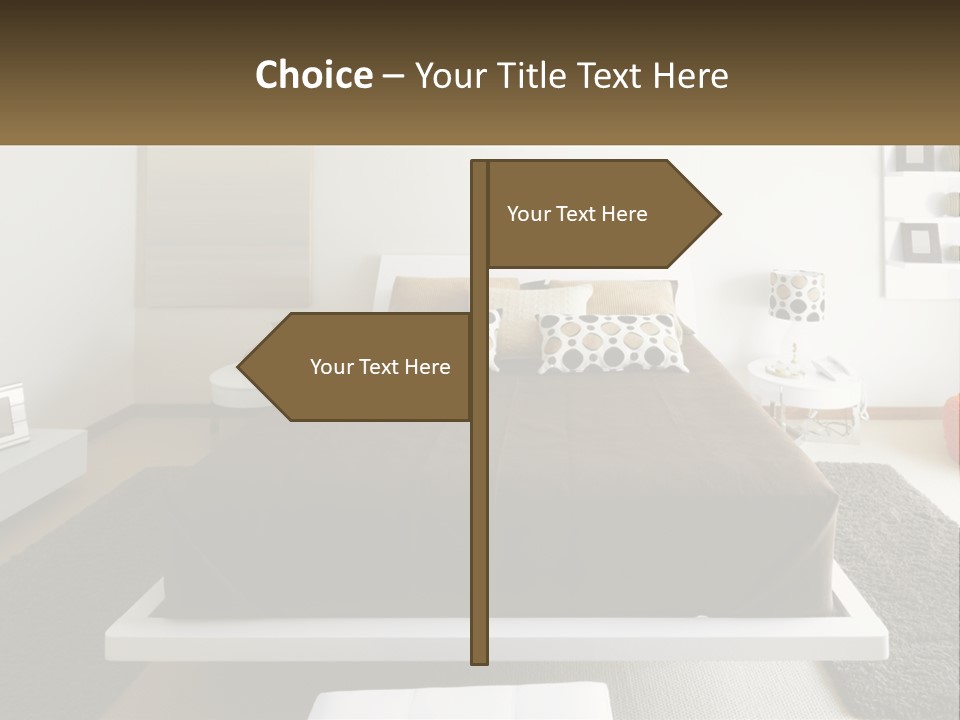 A Bedroom With A Large Bed And A Brown Blanket PowerPoint Template