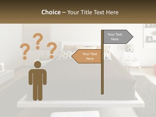 A Bedroom With A Large Bed And A Brown Blanket PowerPoint Template