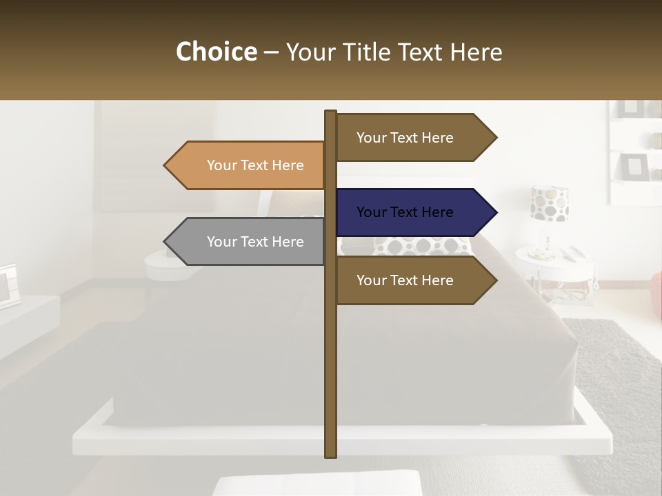 A Bedroom With A Large Bed And A Brown Blanket PowerPoint Template