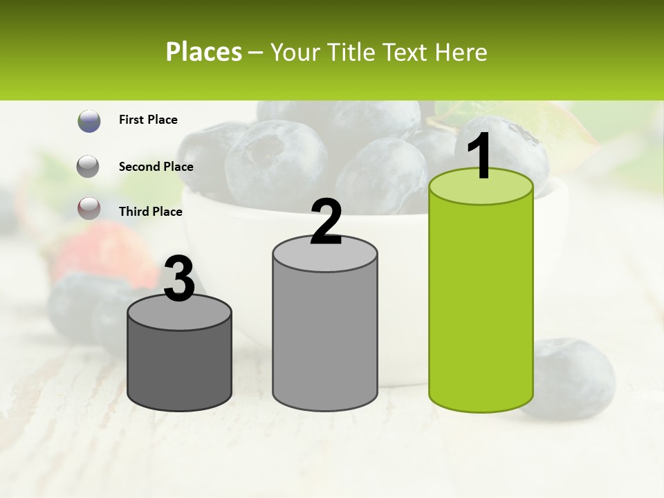 A White Bowl Filled With Blueberries On Top Of A Wooden Table PowerPoint Template