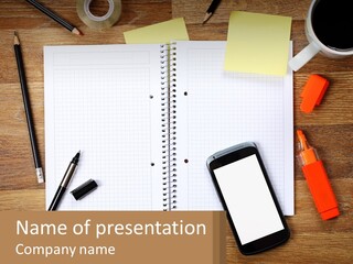 A Notepad, Pen, Cell Phone And A Cup Of Coffee On A Wooden PowerPoint Template