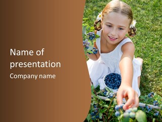 A Little Girl Sitting In The Grass With Blueberries PowerPoint Template