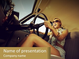 A Woman Driving A Car With Her Hand On The Steering Wheel PowerPoint Template