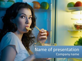 A Woman Eating Food From A Bowl In Front Of An Open Refrigerator PowerPoint Template