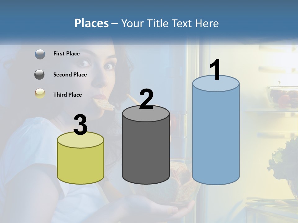A Woman Eating Food From A Bowl In Front Of An Open Refrigerator PowerPoint Template