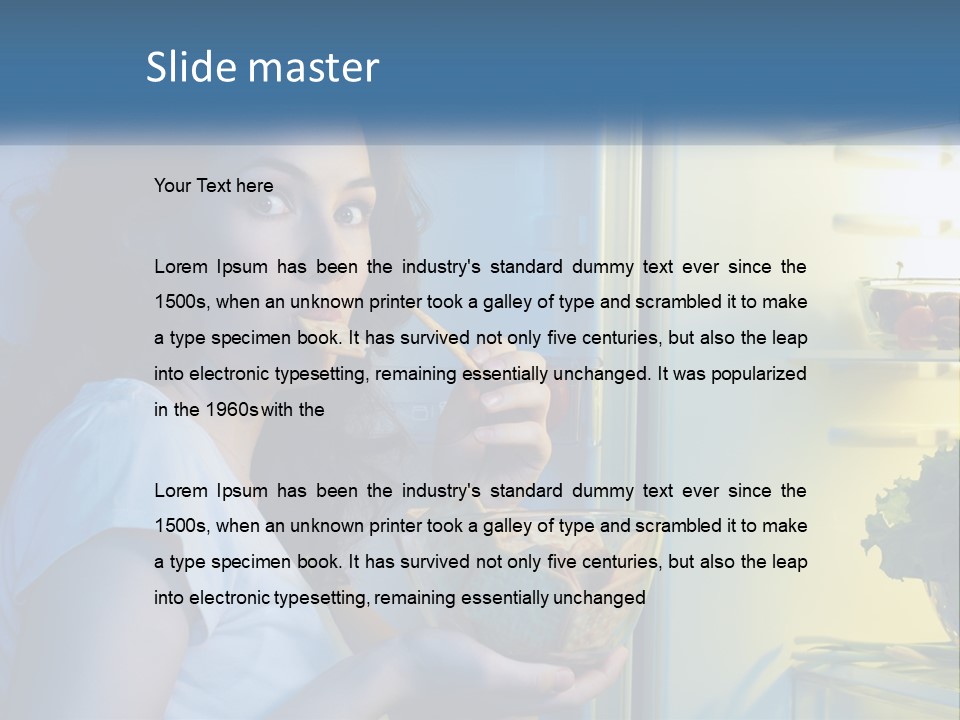 A Woman Eating Food From A Bowl In Front Of An Open Refrigerator PowerPoint Template