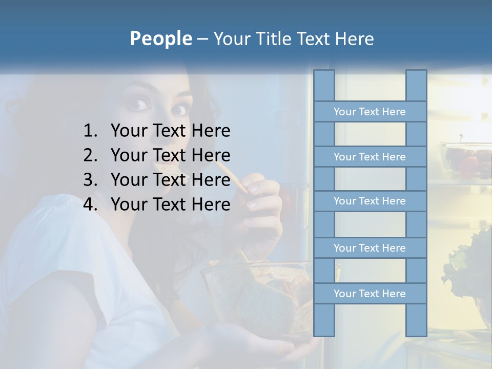 A Woman Eating Food From A Bowl In Front Of An Open Refrigerator PowerPoint Template