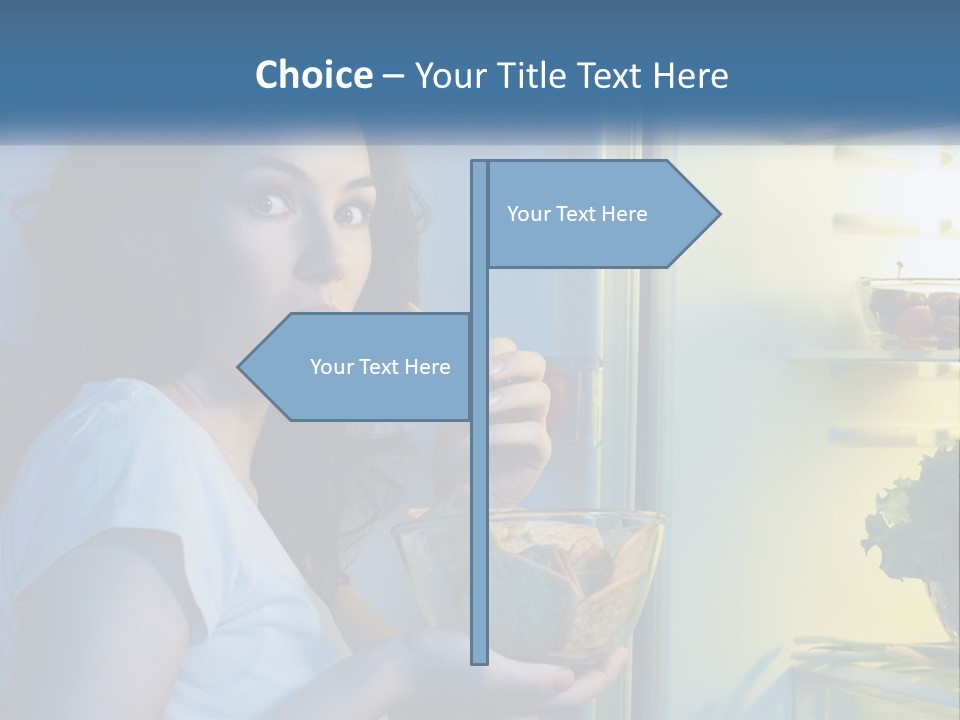 A Woman Eating Food From A Bowl In Front Of An Open Refrigerator PowerPoint Template