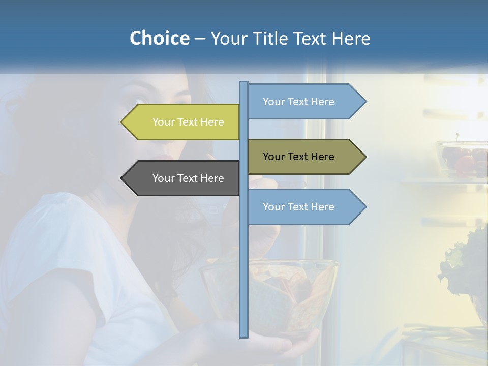 A Woman Eating Food From A Bowl In Front Of An Open Refrigerator PowerPoint Template