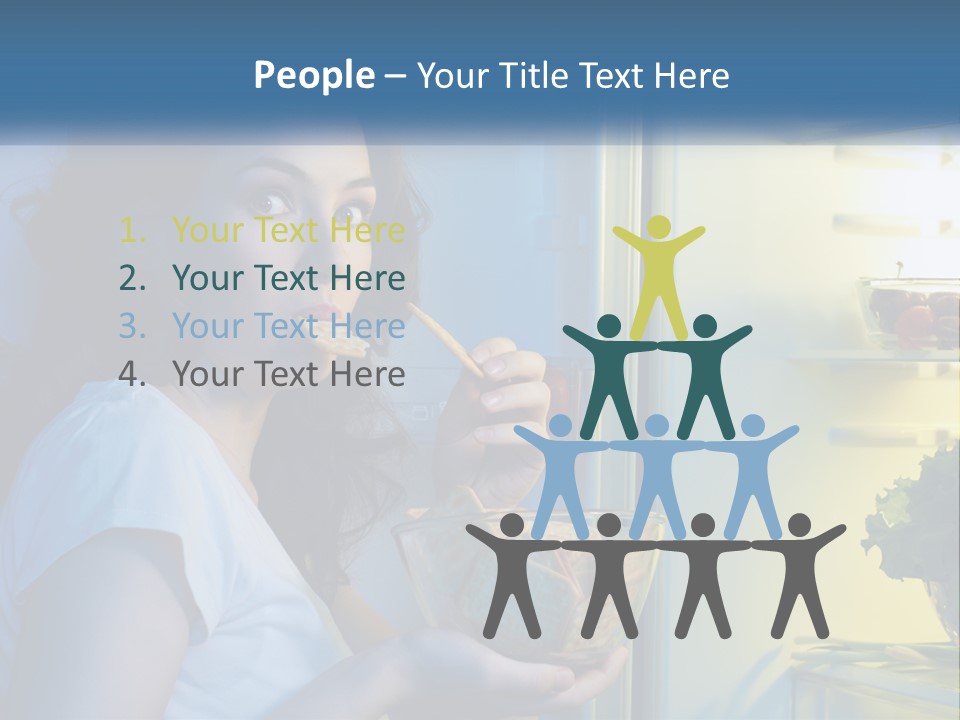 A Woman Eating Food From A Bowl In Front Of An Open Refrigerator PowerPoint Template