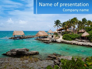 A Tropical Island With Palm Trees And Thatched Huts PowerPoint Template