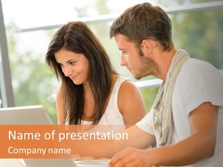 A Man And A Woman Are Looking At A Laptop PowerPoint Template