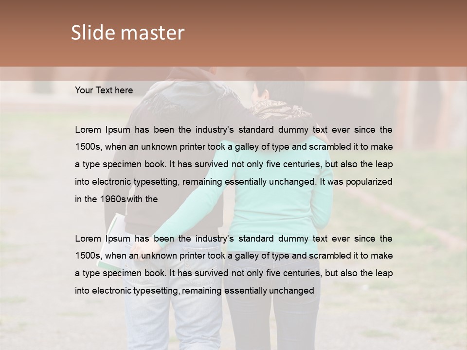 A Man And Woman Walking Down A Road With A Brick Building In The Background PowerPoint Template