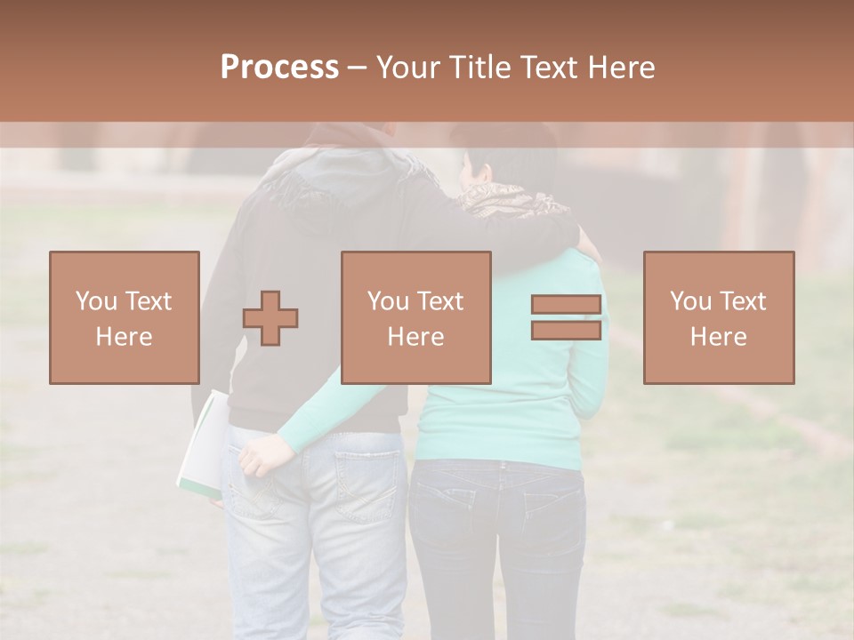 A Man And Woman Walking Down A Road With A Brick Building In The Background PowerPoint Template
