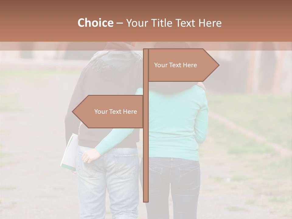 A Man And Woman Walking Down A Road With A Brick Building In The Background PowerPoint Template