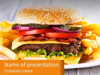 A Hamburger And French Fries On A Plate PowerPoint Template