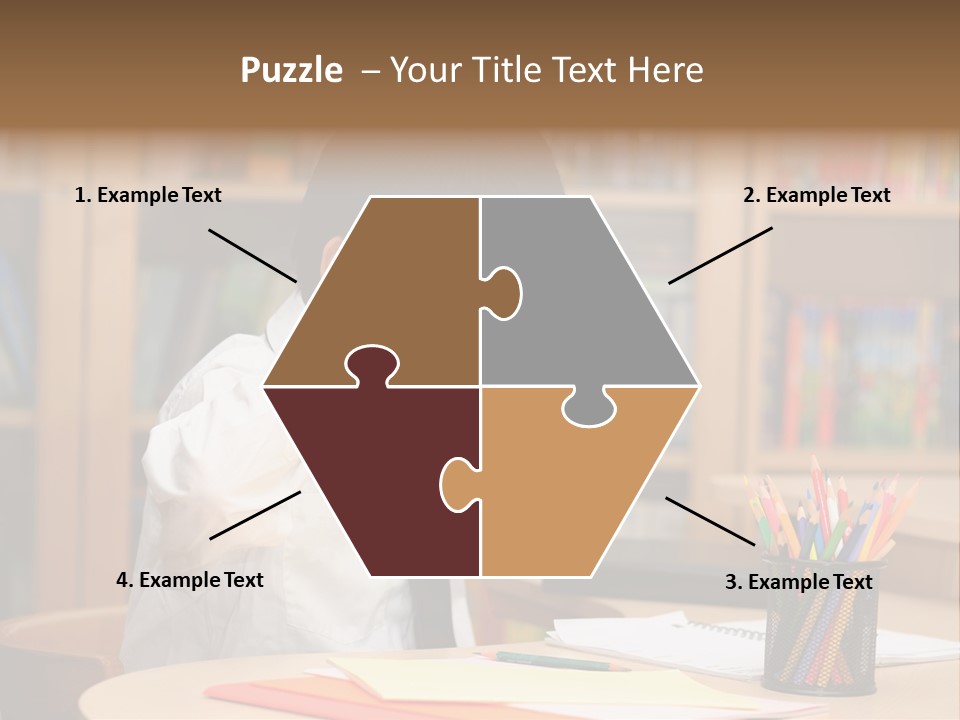 A Young Boy Sitting At A Desk In Front Of A Book Shelf PowerPoint Template
