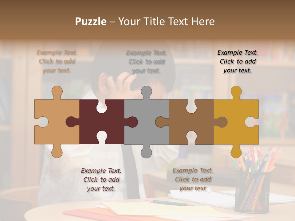 A Young Boy Sitting At A Desk In Front Of A Book Shelf PowerPoint Template