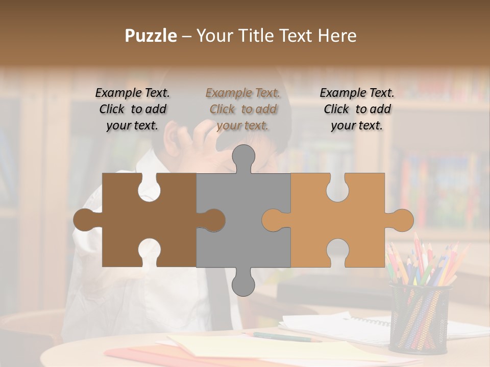 A Young Boy Sitting At A Desk In Front Of A Book Shelf PowerPoint Template