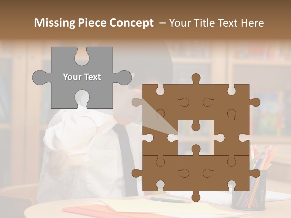 A Young Boy Sitting At A Desk In Front Of A Book Shelf PowerPoint Template