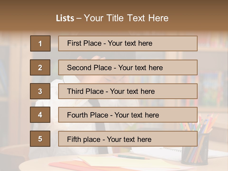 A Young Boy Sitting At A Desk In Front Of A Book Shelf PowerPoint Template
