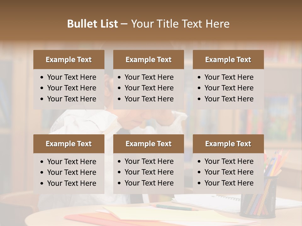 A Young Boy Sitting At A Desk In Front Of A Book Shelf PowerPoint Template