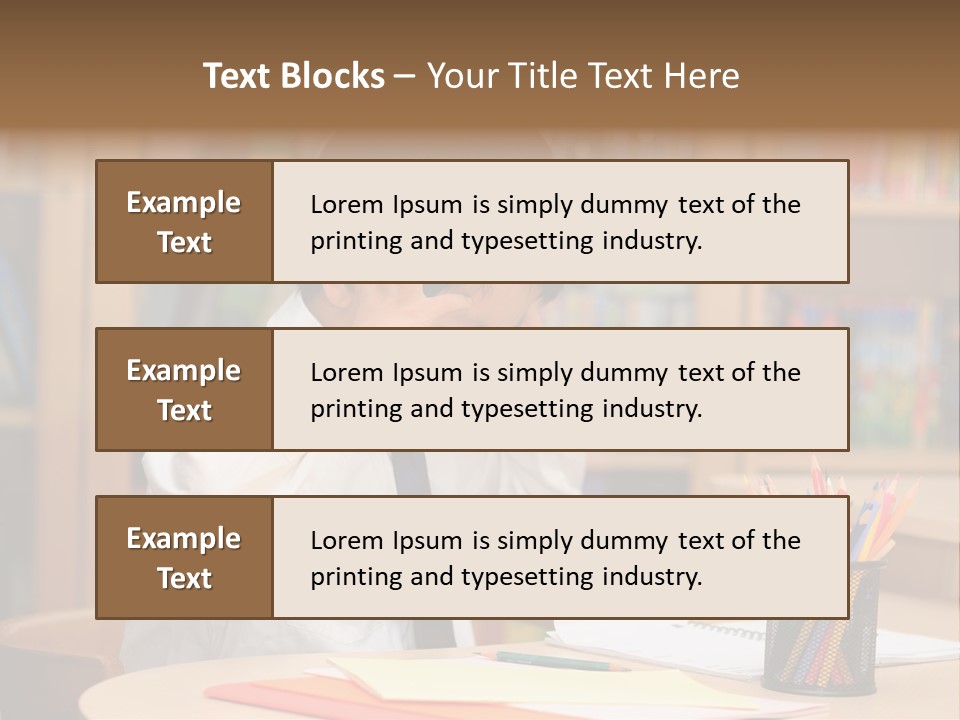 A Young Boy Sitting At A Desk In Front Of A Book Shelf PowerPoint Template