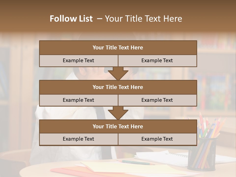 A Young Boy Sitting At A Desk In Front Of A Book Shelf PowerPoint Template