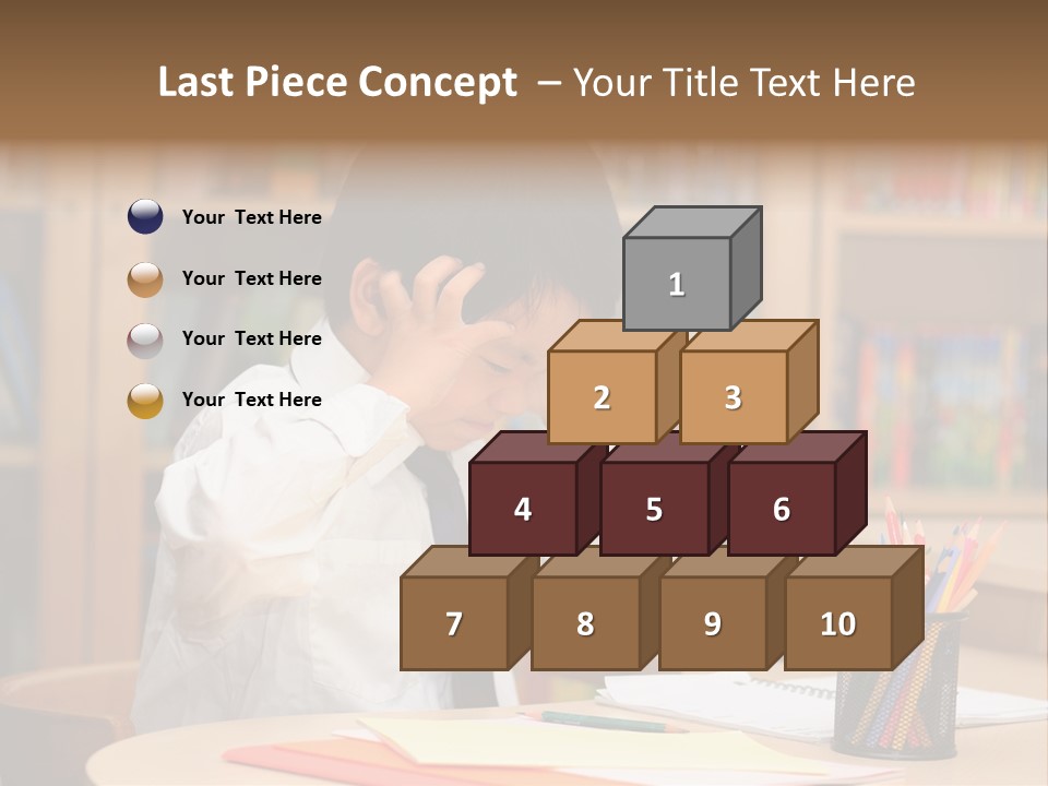 A Young Boy Sitting At A Desk In Front Of A Book Shelf PowerPoint Template