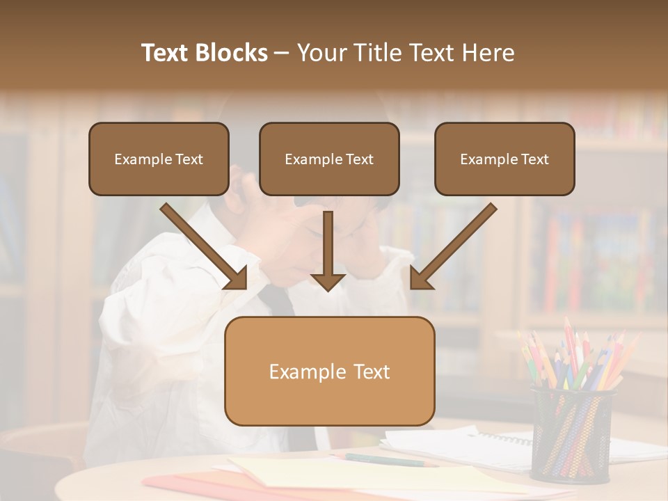 A Young Boy Sitting At A Desk In Front Of A Book Shelf PowerPoint Template