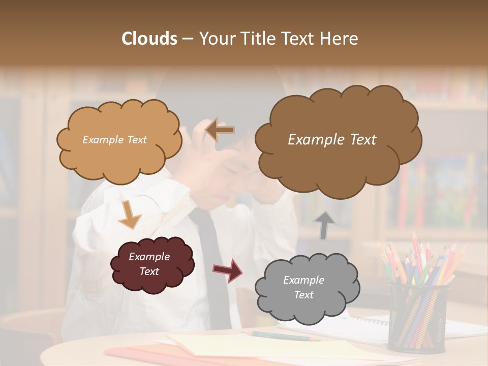 A Young Boy Sitting At A Desk In Front Of A Book Shelf PowerPoint Template