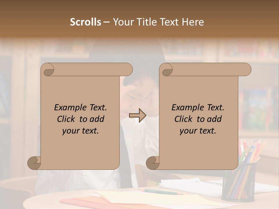 A Young Boy Sitting At A Desk In Front Of A Book Shelf PowerPoint Template