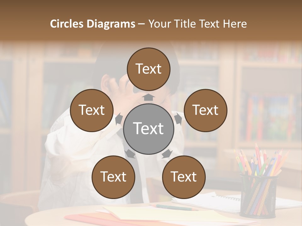 A Young Boy Sitting At A Desk In Front Of A Book Shelf PowerPoint Template