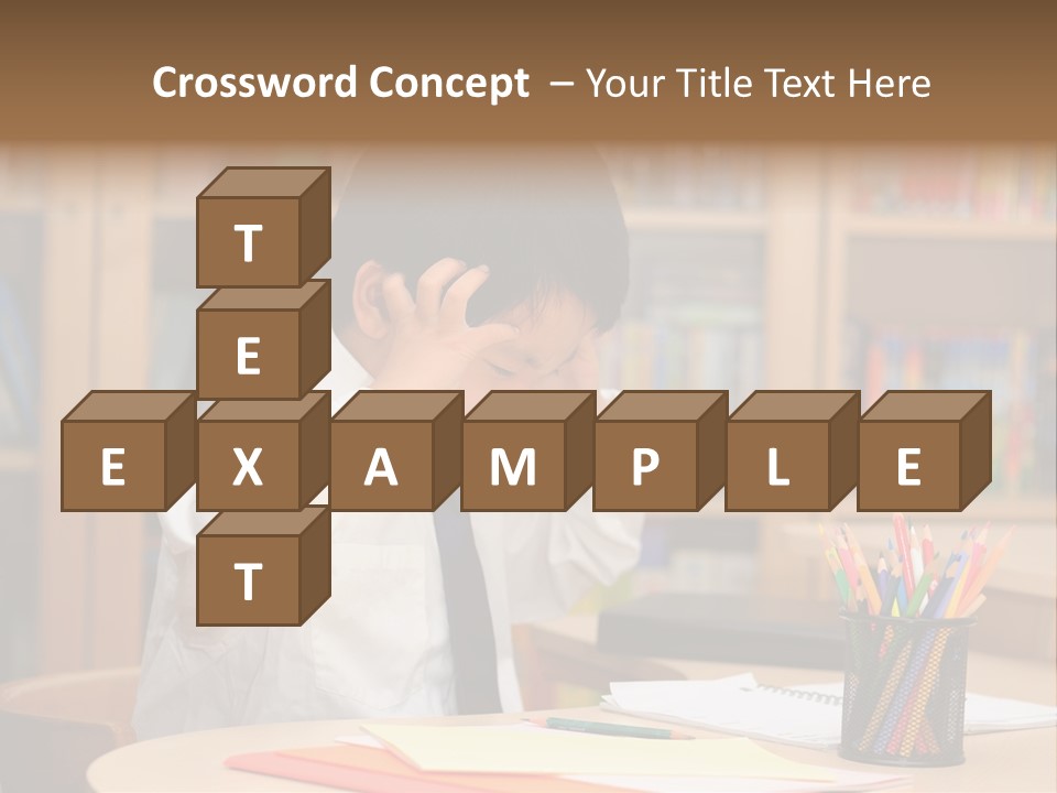 A Young Boy Sitting At A Desk In Front Of A Book Shelf PowerPoint Template