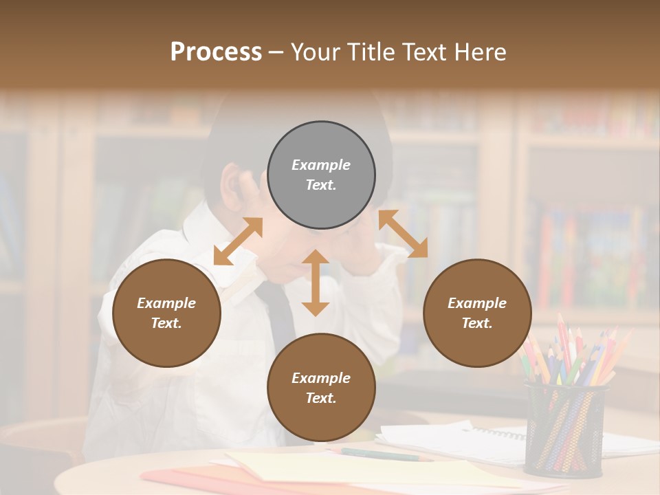A Young Boy Sitting At A Desk In Front Of A Book Shelf PowerPoint Template