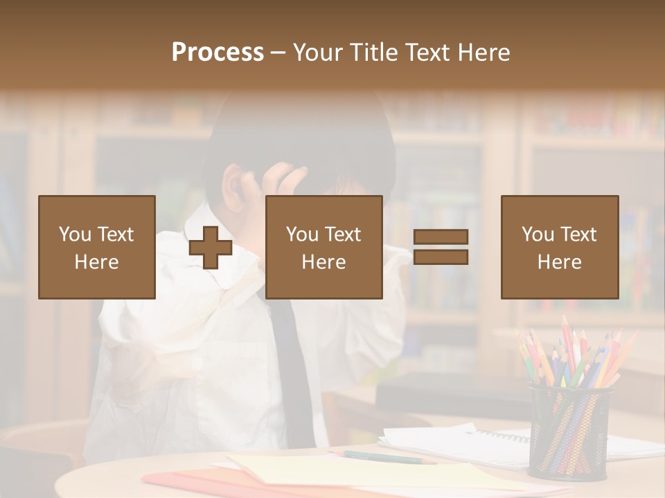 A Young Boy Sitting At A Desk In Front Of A Book Shelf PowerPoint Template