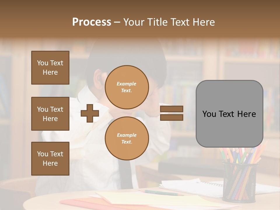A Young Boy Sitting At A Desk In Front Of A Book Shelf PowerPoint Template