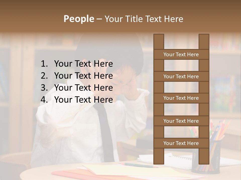 A Young Boy Sitting At A Desk In Front Of A Book Shelf PowerPoint Template