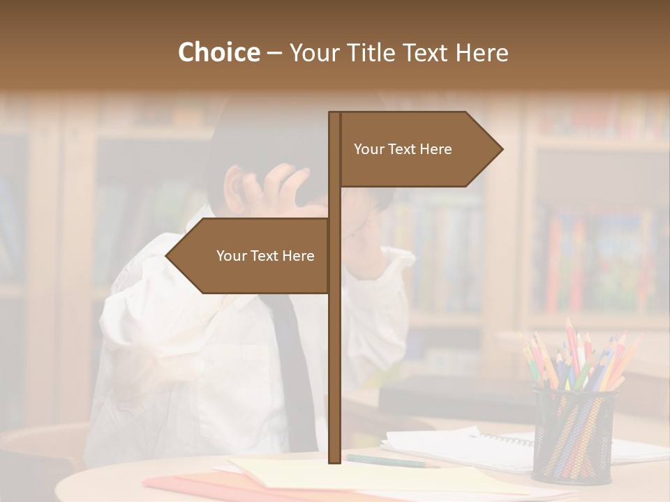 A Young Boy Sitting At A Desk In Front Of A Book Shelf PowerPoint Template
