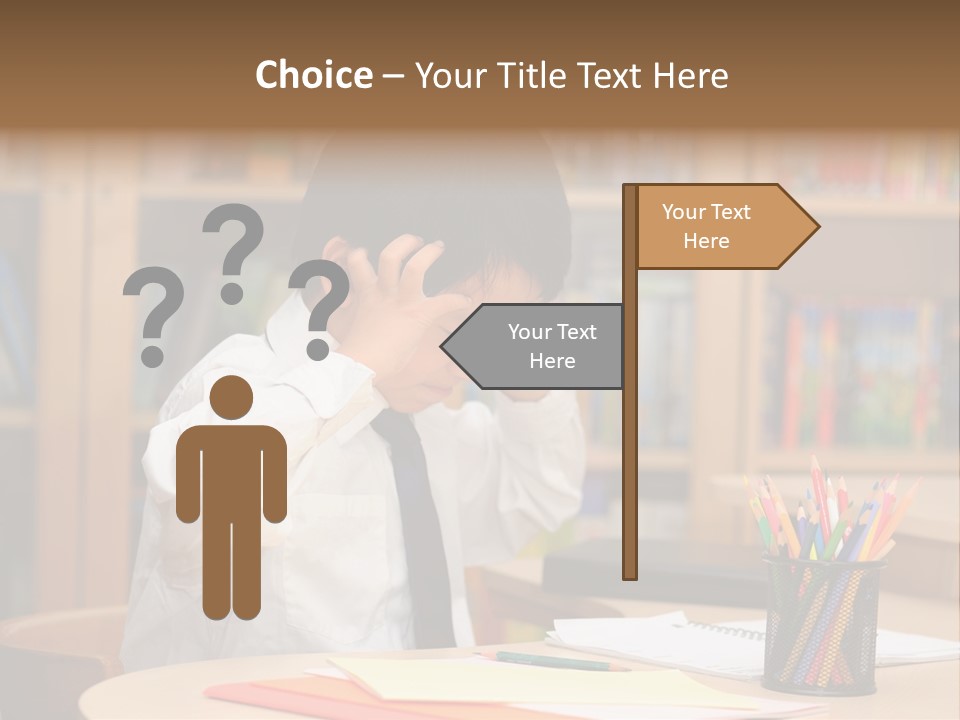 A Young Boy Sitting At A Desk In Front Of A Book Shelf PowerPoint Template