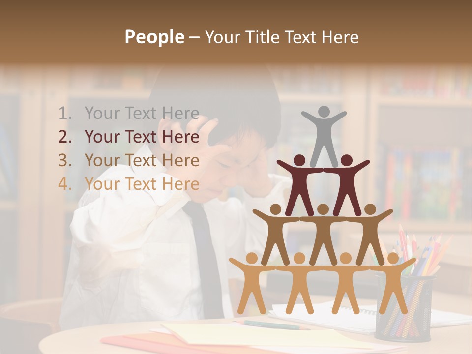 A Young Boy Sitting At A Desk In Front Of A Book Shelf PowerPoint Template