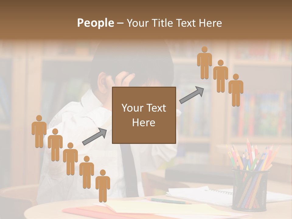 A Young Boy Sitting At A Desk In Front Of A Book Shelf PowerPoint Template